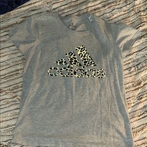 Adidas Women's Gray Tee with Leopard Print Logo